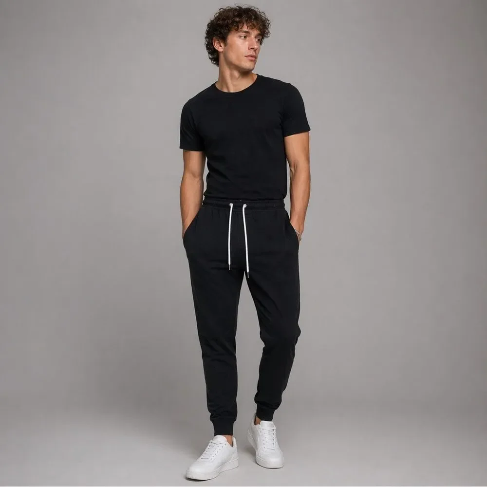 Forever 21 Men's Solid Black Jeggings Jogger Pants with Drawstring Cotton L